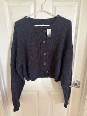 Free People Cropped Button-Front Knit Cardigan - Navy